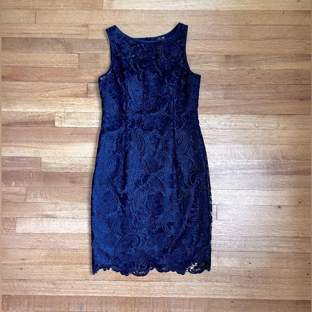 Adrianna Papell Navy Lace Sheath Sleeveless Dress, US 4